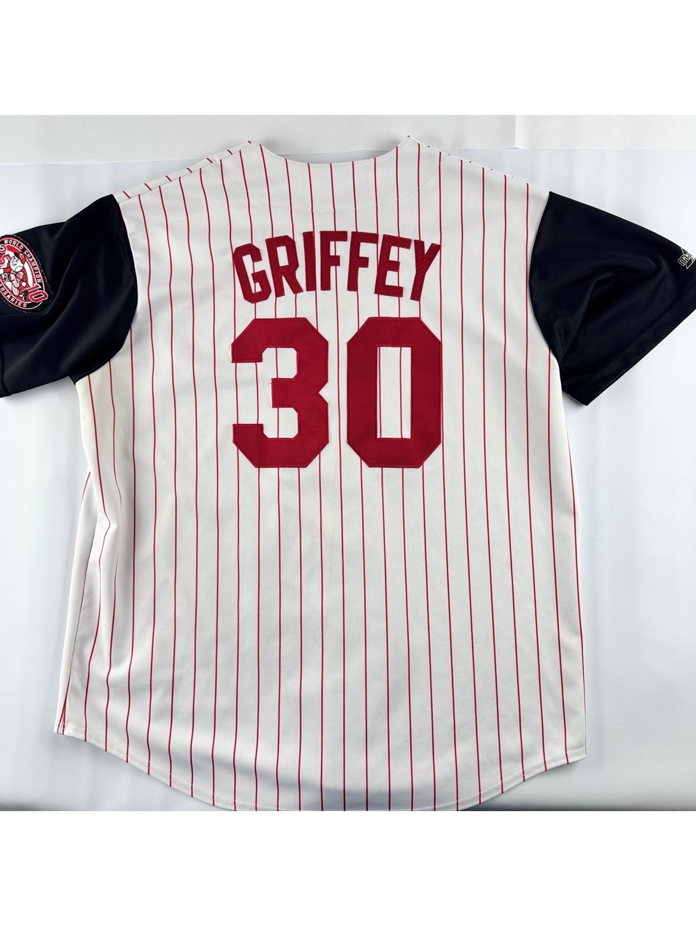 Majestic Reds Ken Griffey Jr Vintage Pinstrip Heavy Jersey - Genuine Merchandise